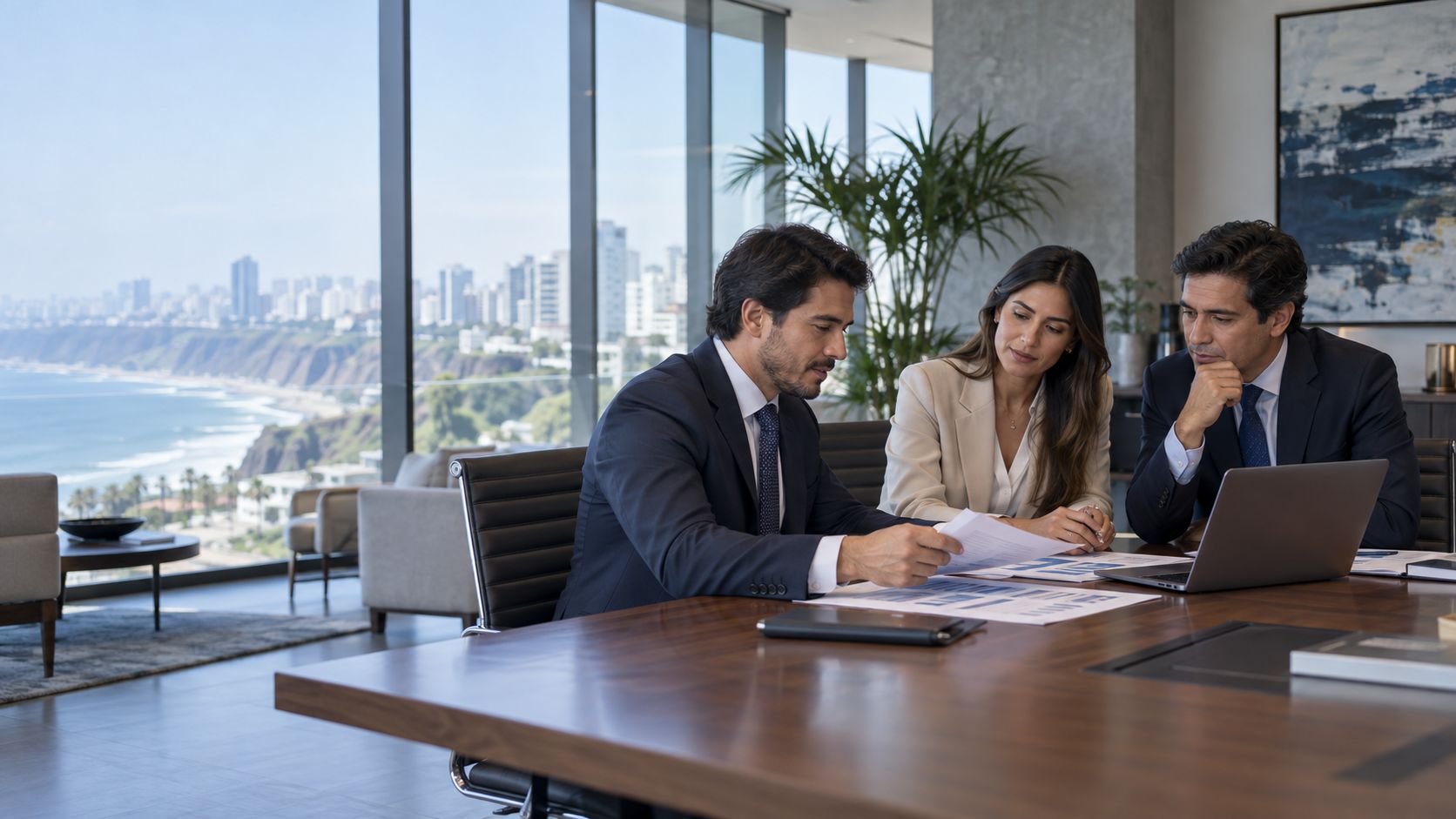 Reunión empresarial para revisar documentos contables, imagen ilustrativa